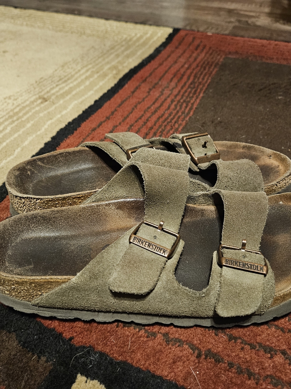 Birkenstock Suede Double Strap Sandals in Olive Green with Bronze Buckles